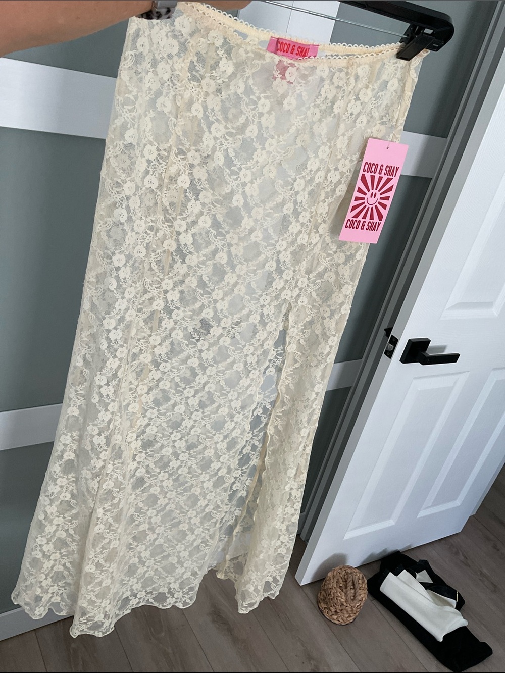 Coco & Shay Cream Lace Maxi Slip skirt 
Concert sheer sexy